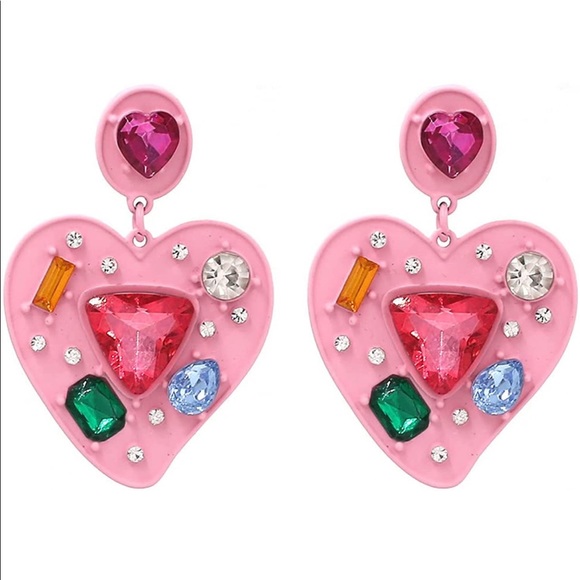 NWT Pink Heart Jeweled Y2K Chunky Statement Drop Earrings Cute 2000s 💖 - Picture 1 of 4